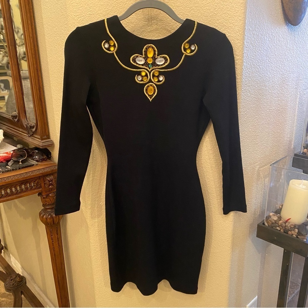 Vintage ANDREA JOVINE Black Embroidered Jeweled Deep V Back 100% Wool Dress-P